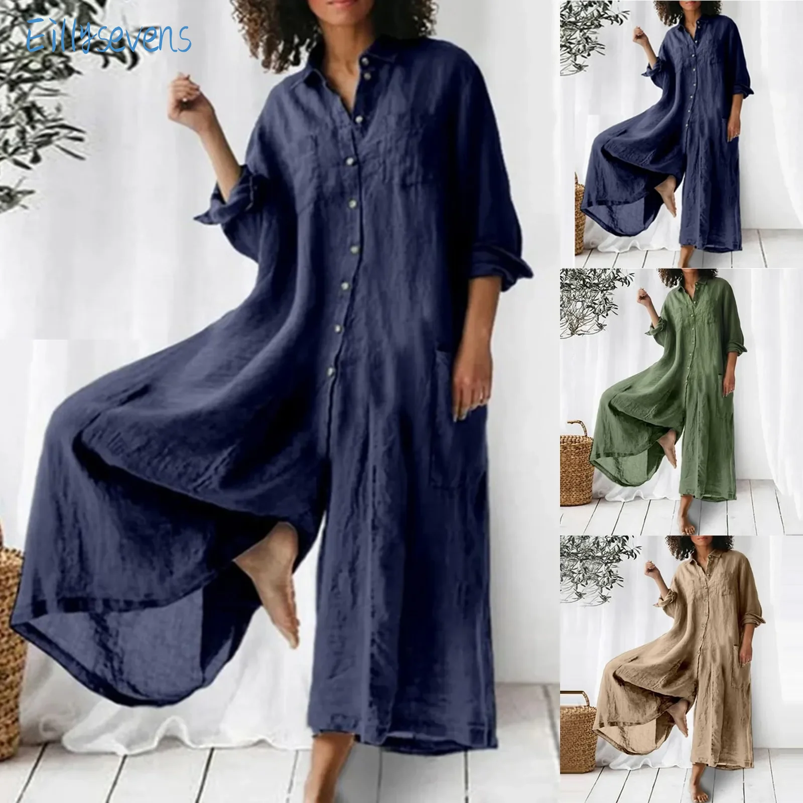 

Women Cropped Jumpsuits Fashion Casual Solid Lapel Button Temperament Jumpsuits Summer Comfy Lightweight Flowy Wide Leg Rompers