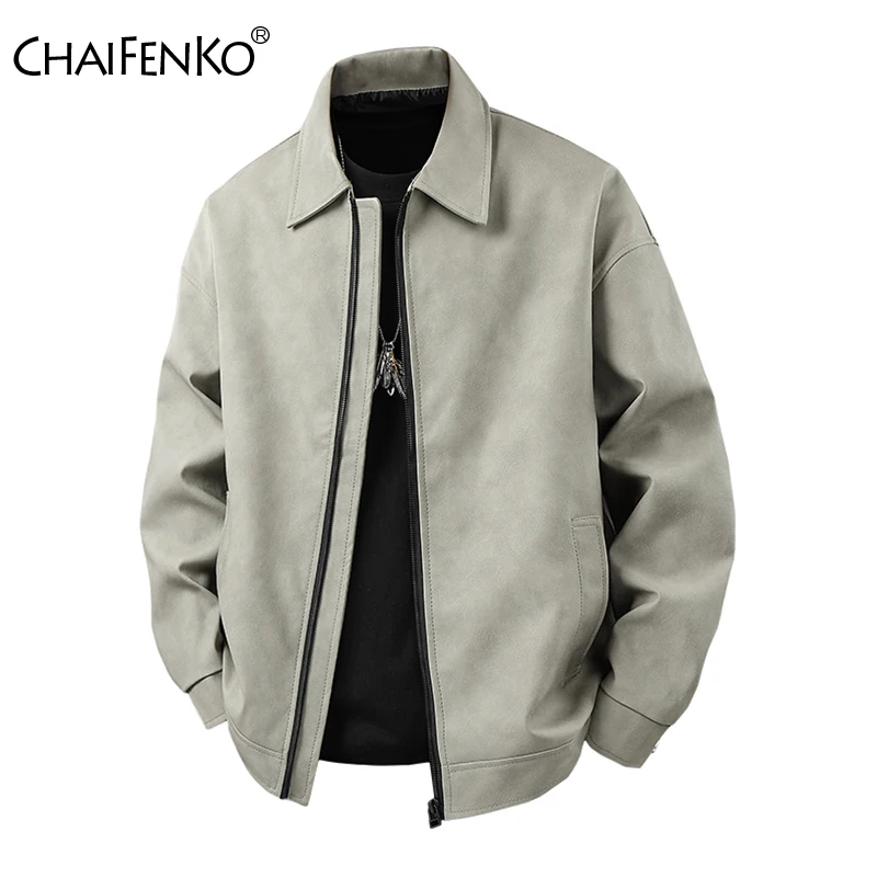 New Solid Leisure Port Wind Man Coat Outdoors Simplicity Fashion Jacket Spring Autumn Retro Style Flip Collar Leather Jacket Man