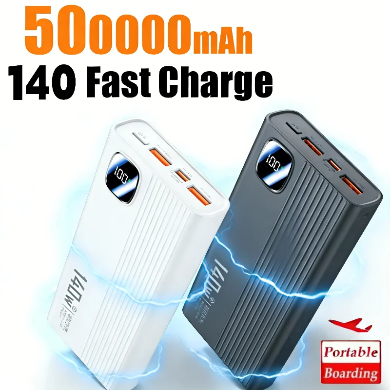 

140 Вт, 500000 мАч, внешний аккумулятор большой емкости, 4 в 1, кабели, интеллектуальный цифровой дисплей, портативный внешний аккумулятор для iPhone, Huawei, новинка