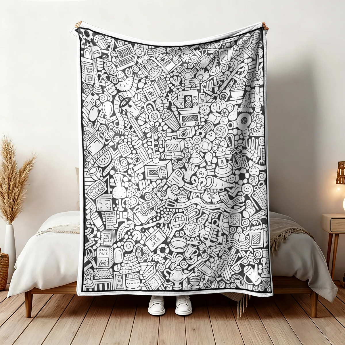 Highly Detailed Doodle Pattern Throw Blanket Sketch Graphic Winter Cozy Gift Art for Sofa Bed Room Decor Geek Academia Style
