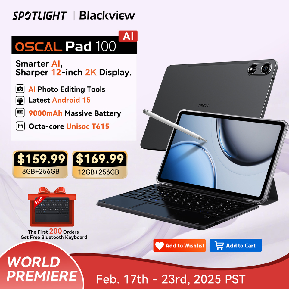  [World Premiere] Blackview OSCAL PAD 100 Tablet 12'' 2K FHD+ Unisoc T615 12+24GB RAM 256GB ROM 9000mAh Android 15 4G Tablets PC 