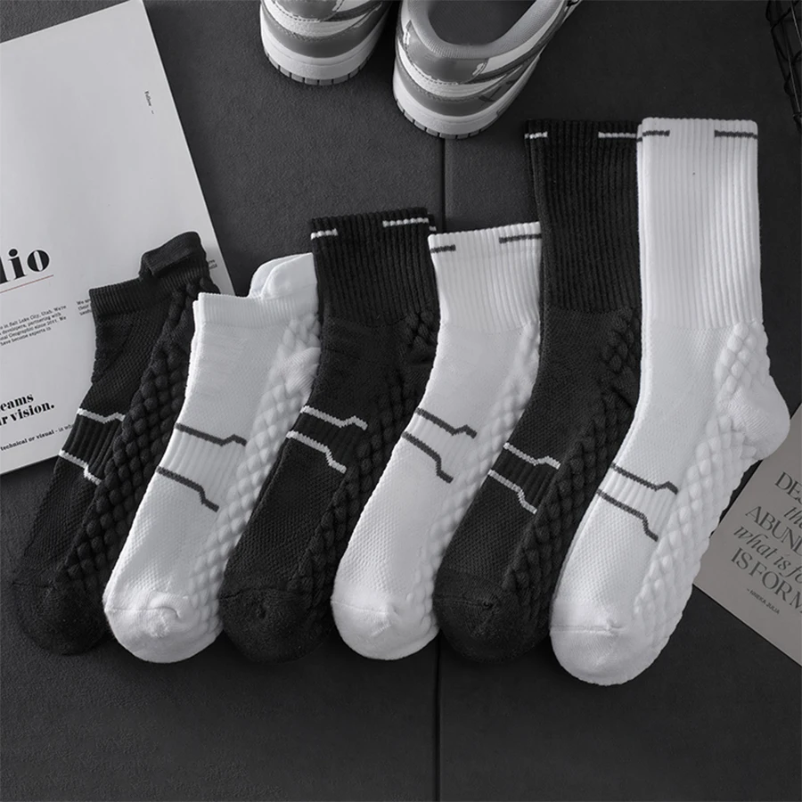 

6 pairs of solid color men's cushioned particle bottom thick towel bottom sports socks suitable for daily exercise