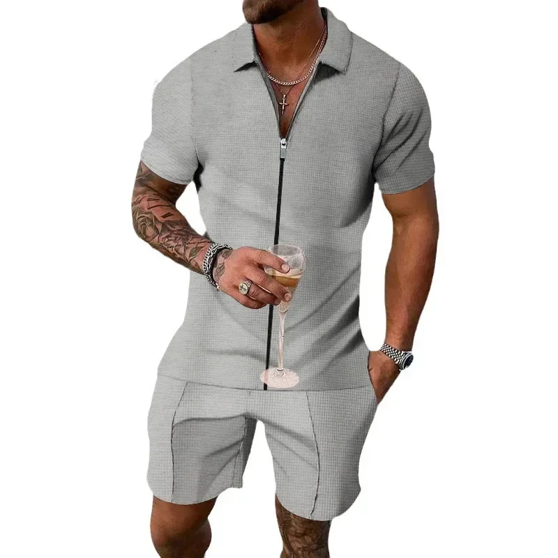 

New Polo Shirt Lapel Men's Zipper Short-sleeved Shorts Solid Color Casual Suit