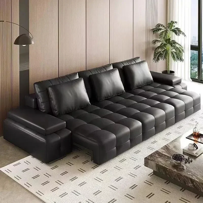 Lazy Convertible Sofa Bed Luxury Lawrence Genuine Leather Living Room Multifunctional Electric Sofa Straight Row Black Sleeper