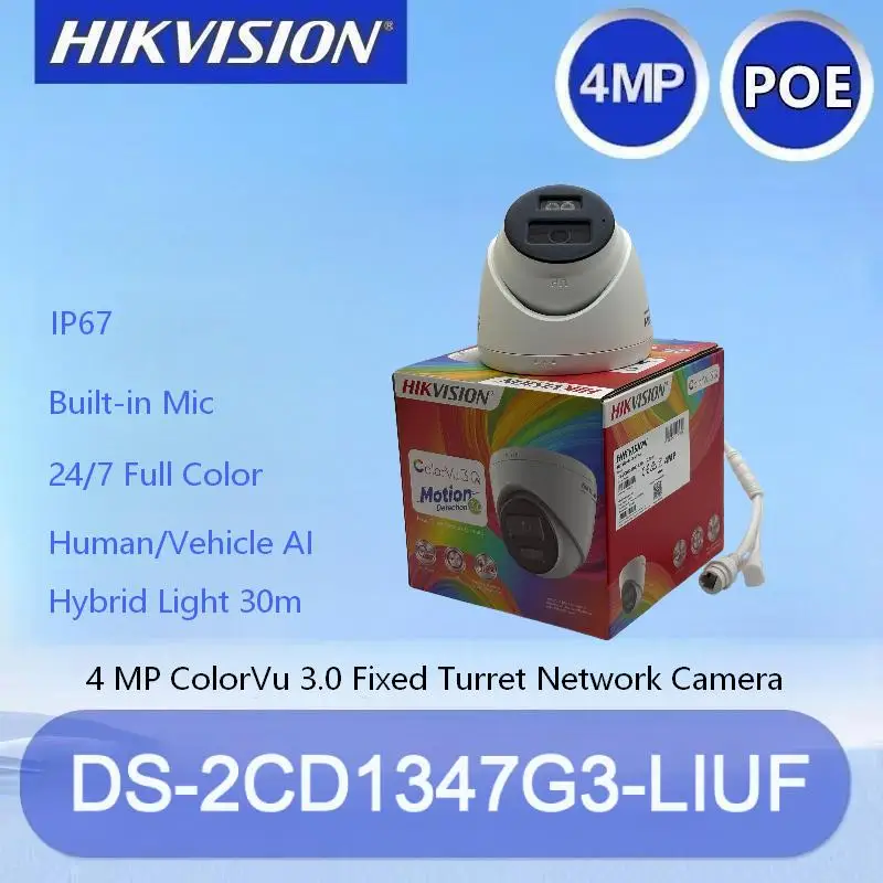 

IP-камера Hikvision DS-2CD1347G3-LIUF 4 Мп ColorVu с гибридной подсветкой, полноцветным изображением, ИИ-детектором людей и транспорта, микрофоном, слотом для SD-карты, PoE, IP67, для наружного использования