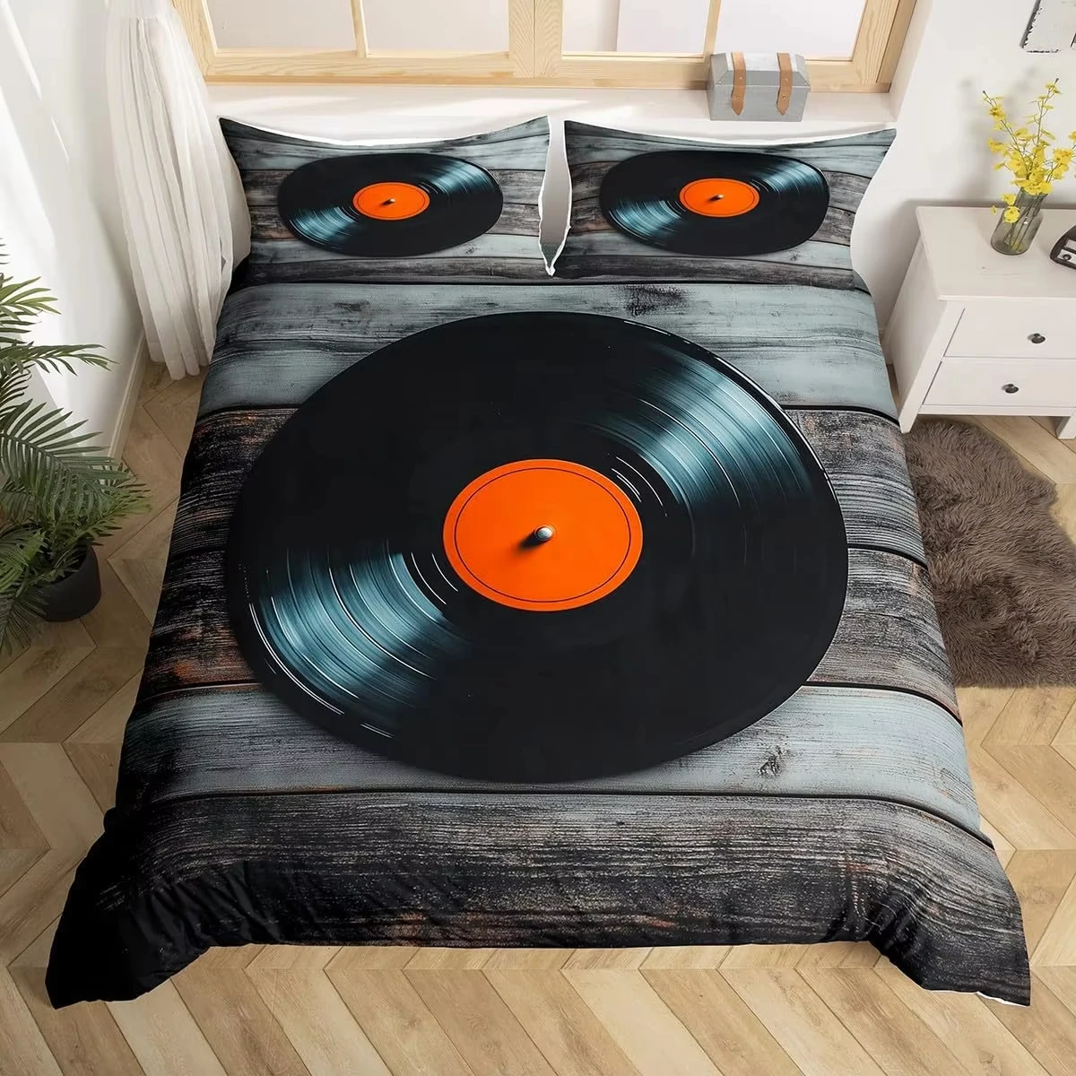 80s 90s Comforter Cover Full Vintage Cassette Tape Vinyl Record Memphis Bedding Set Hippie Music Duvet Cover Geometric Bed Set