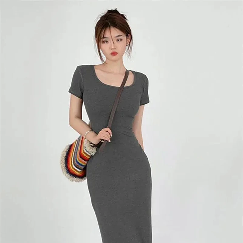 Rimocy 2024 Summer Bodycon Long Dress Women Korean Style Mid-Length Short Sleeve Dresses Woman Solid Streetwear Slim Vestidos