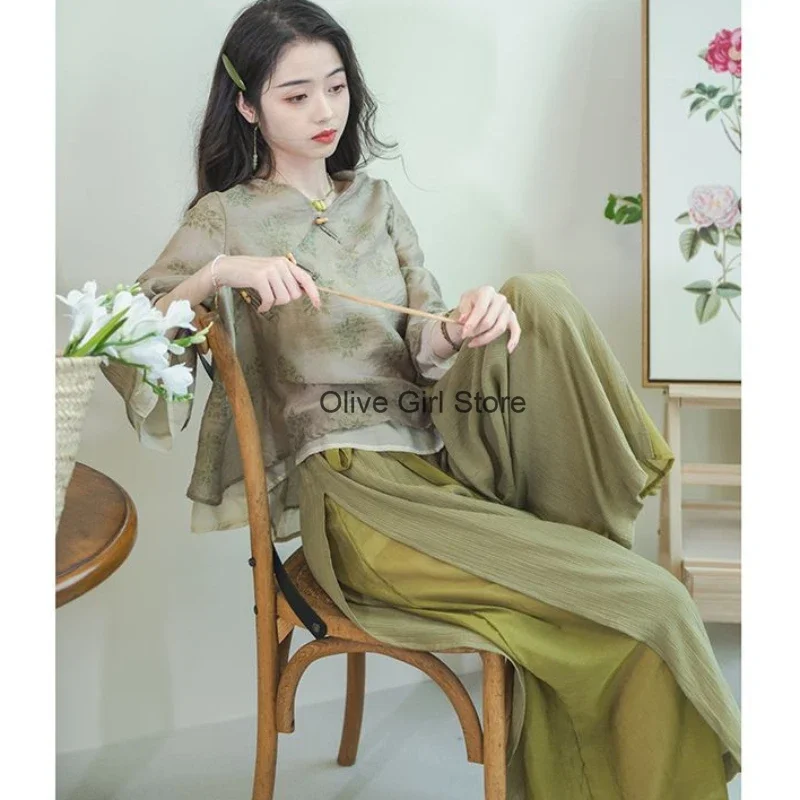 

Slanted Breasted Button Short Sleeve Shirt Casual Retro Chinese Style Green Pants Two-piece Set 2024 Summer Women's Clothing