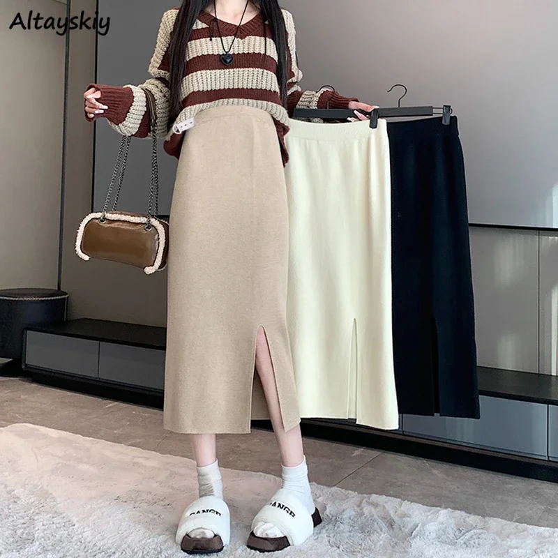 Knitted Midi Skirts Women Autumn Winter Side Slit A-line Faldas High Waist Simple All-match Daily Temper Attractive Ulzzang 2024