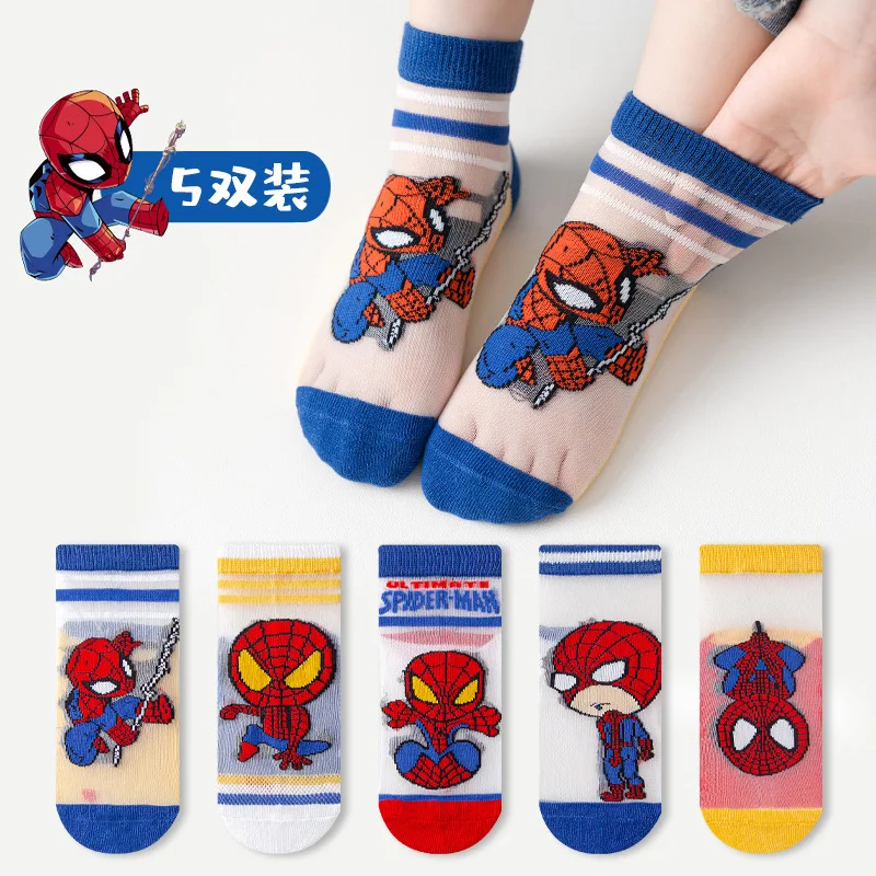 

5 Pairs New Marvel Kids Socks Kawaii Mesh Breathable Ice Thin Socks Summer Cartoon Children Short Cotton Sock for Boys