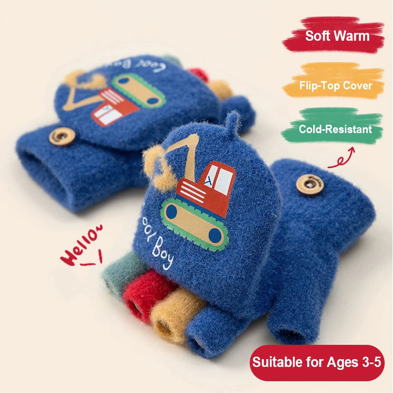 Cartoon Excavator Kids Gloves Winter Warm Knit Toddler Mittens Cute Kindergarten Convertible Flip-Top Writing Gloves Age 3-5