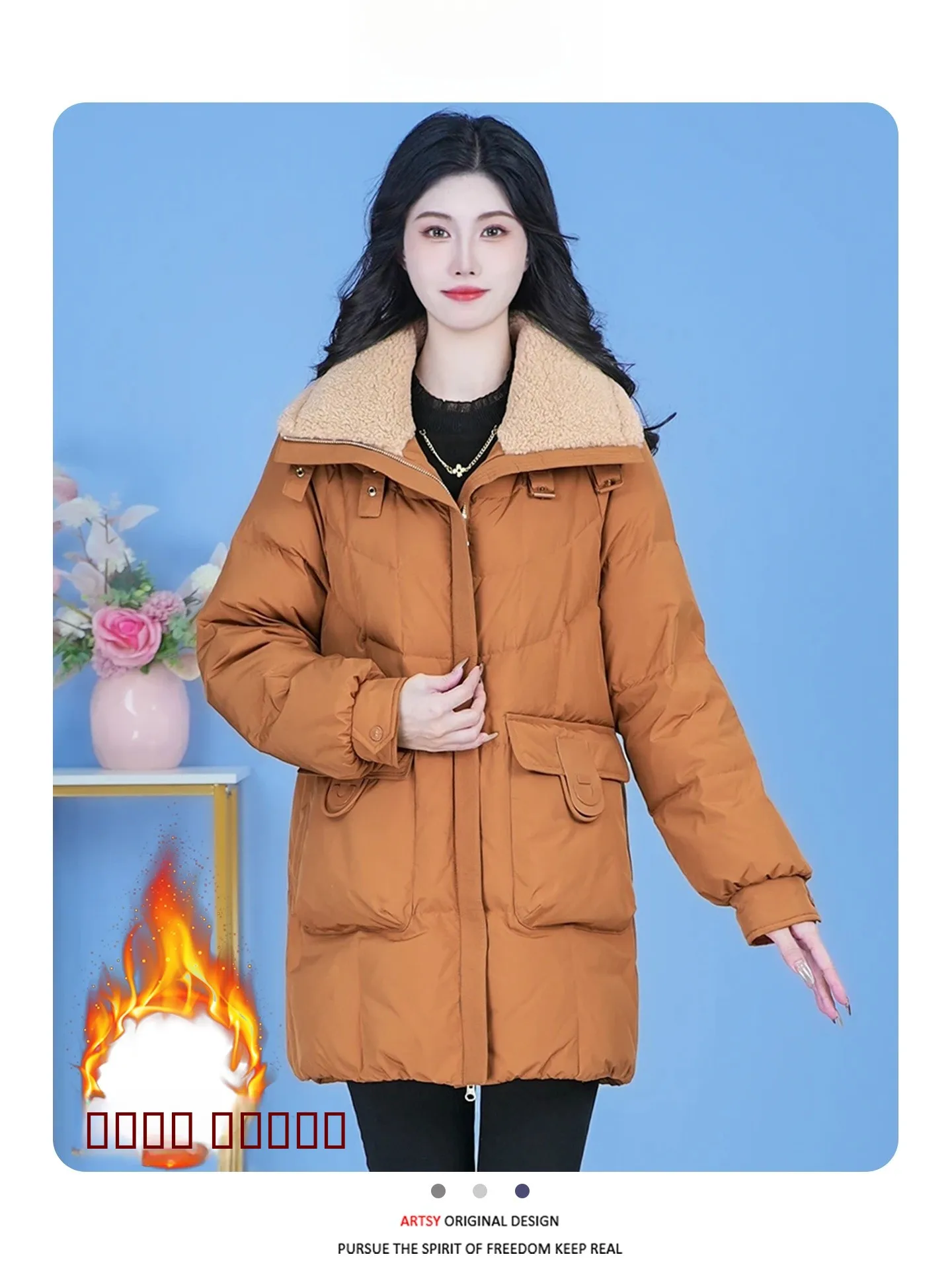 

Faionable Thiened Cotton Jaet Women's Loose Fit Winter Coat Warm Sli Long Zipper Collar Non-Hooded Korean Sle