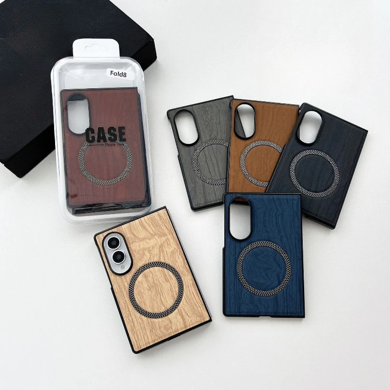 Magnetic Wood Grain Leather Case For Samsung Galaxy Z Flip Fold8 Ultra 7 6 5 4 3 Hard Protective Phone Cover No Screen Protector