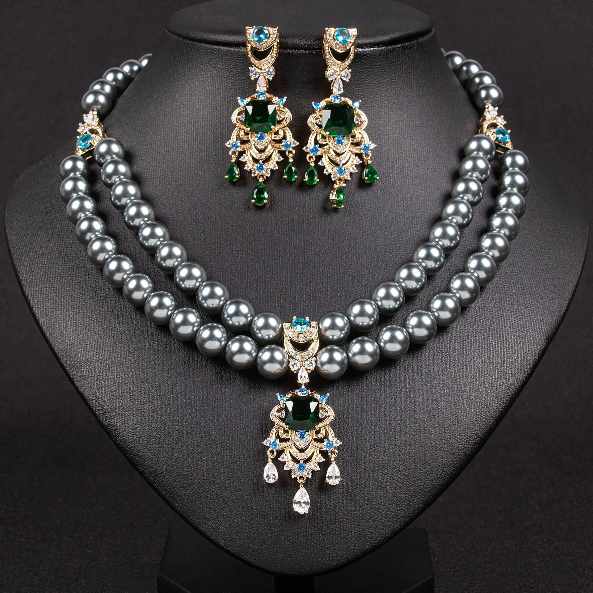 

Bridal Wedding Accessories Pearl Double Clavicle Chain Premium Sense Flash Diamond Water Drop Pearl Earrings Necklace Set Wholes