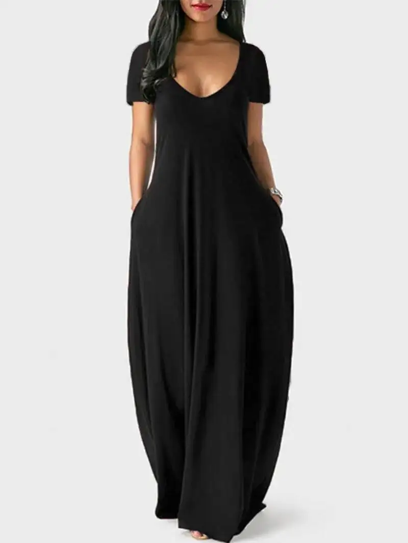 เดรสยาวสีพื้นสไตล์ยุโรปอเมริกันสำหรับฤดูร้อน ไซส์พลัส ผู้หญิง แขนสั้น คอวีลึก เซ็กซี่ หวาน