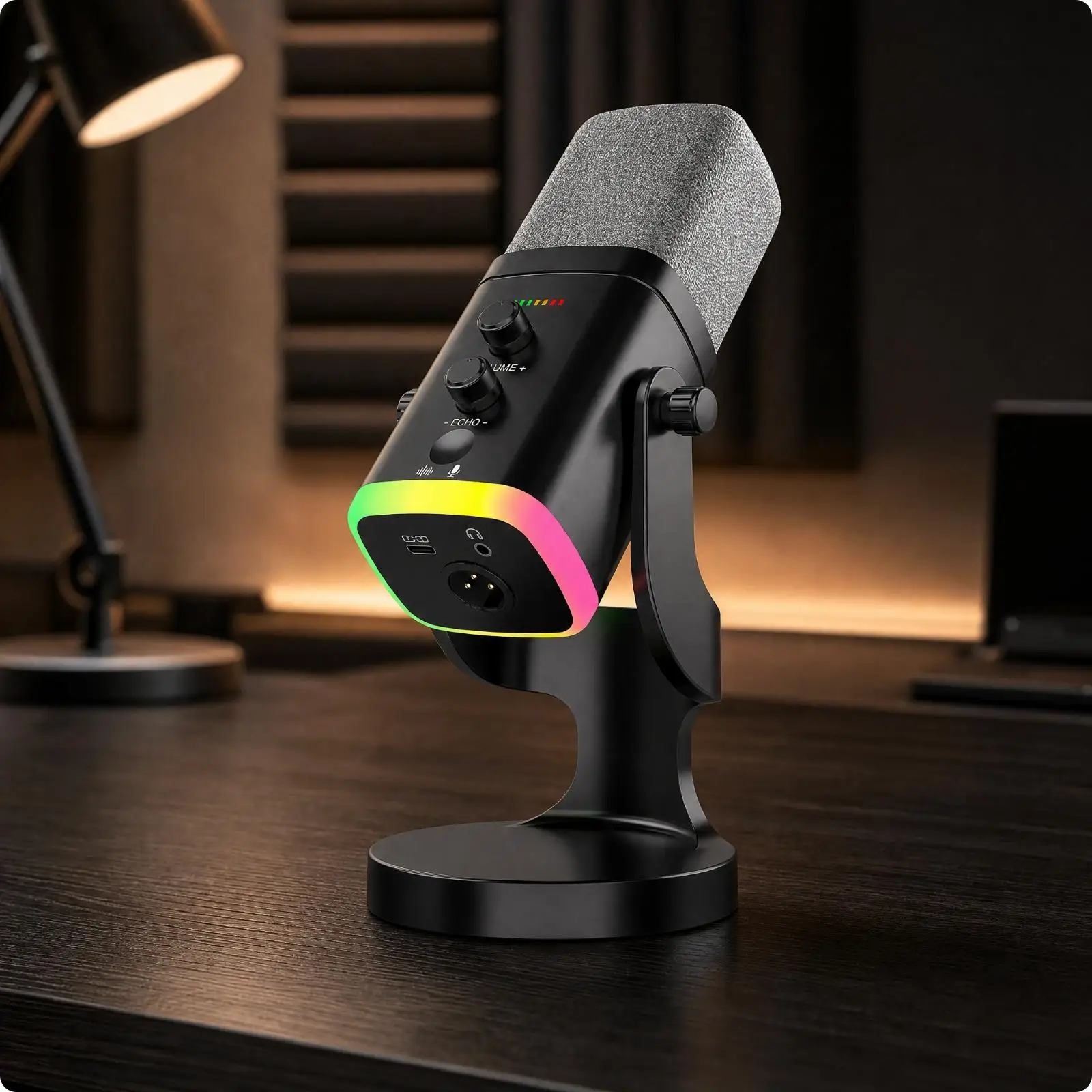 Desktop Cardioid Mic USB for Computer Recording Podcast Live Broadcast with RGB Lighting and Desk Stand