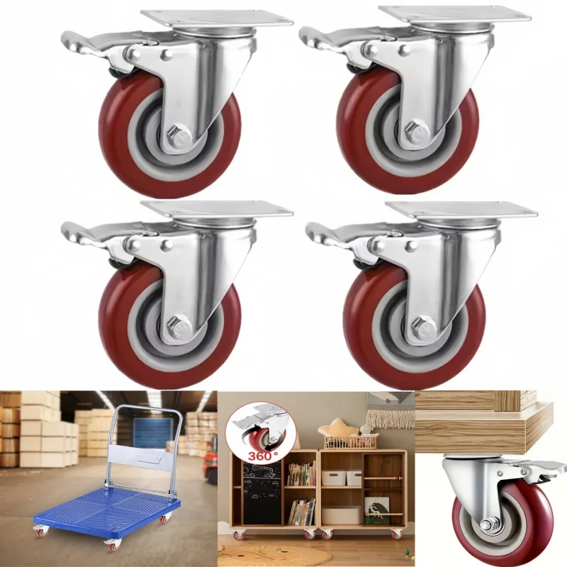 4Pcs 4 Inch/3 Inch Caster Wheel Heavy Universal 360° Swivel Silent Brake Wheels Caster Furniture Wear Platform Trolley Household