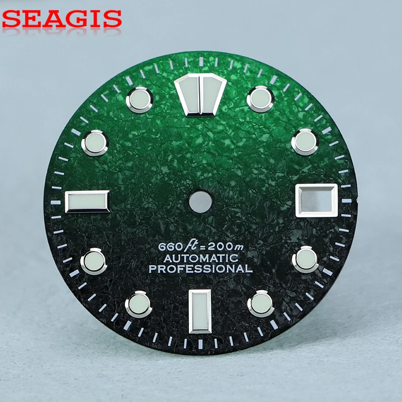

SEAGIS 28,5 мм циферблат NH35 механизм красочный ледяной кристалл текстура синий зеленый светящиеся аксессуары для часов индивидуальный логотип циферблат
