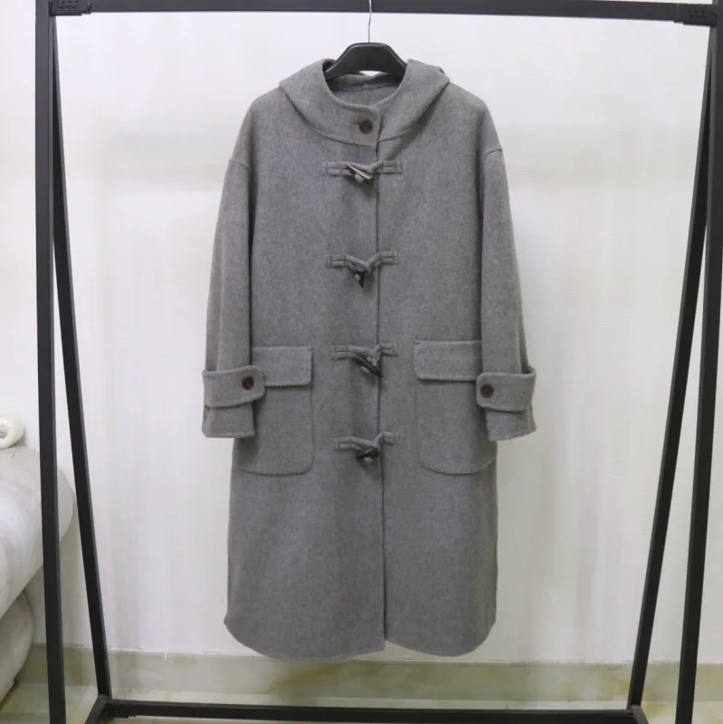 

Horn buckle double-sided wool coat women's college style loose hooded small woolen coat medium length