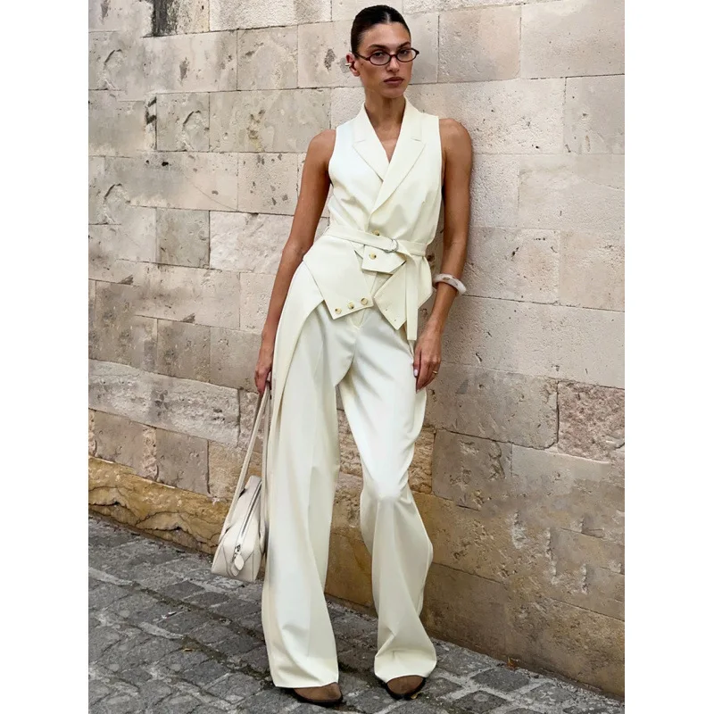 2026 European American Style Commuting Sleeveless Shirt And Trousers Two-Piece Set, Polyester Patchwork Craft, Universal Women's