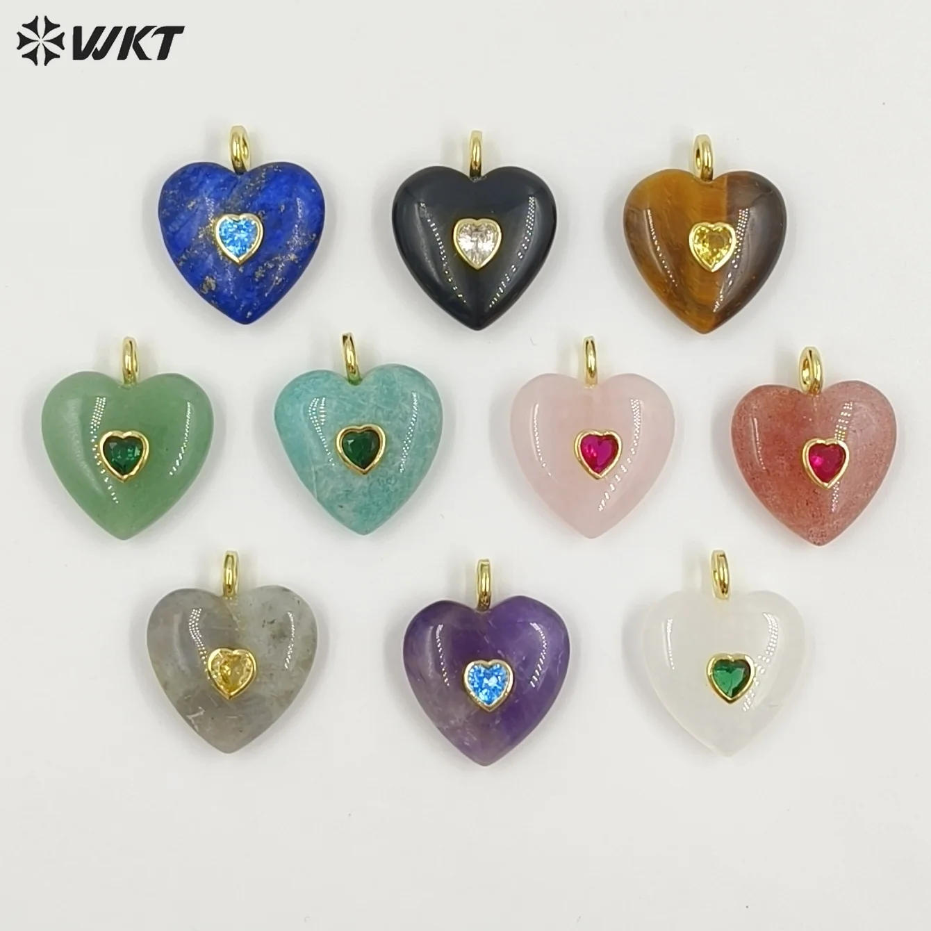 WT-P2059 Romantic Sweet Heartshape Multiple Colore Gemstone With Zircon Paved Amethyst Strawberry Quartz Pendant Findings
