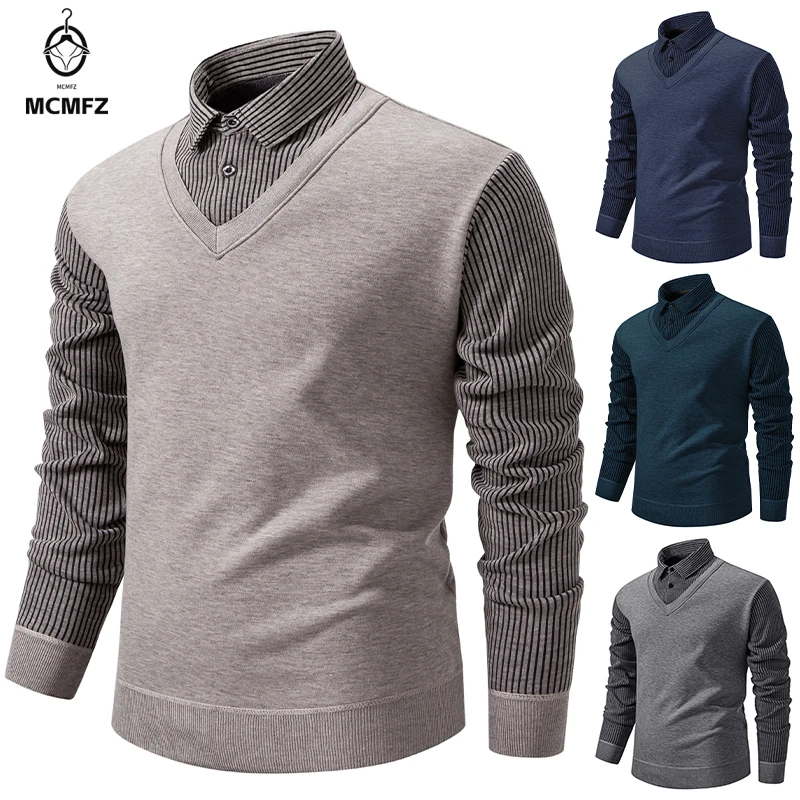 Male Daily Fake Two Piece Knit Pullover Soft Fabric Shirt Collar Thick Fleece Lining Thermal Vertical Stripe Long Sleeve Top