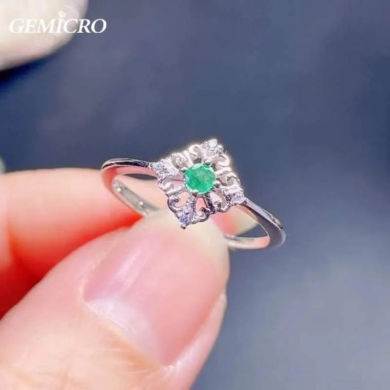 Gemicro Natural Emerald Resizable Rings with Stone of 3X3mm and 925 Sterling Silver for Women Classsic and Elegant Jewelry Gifts