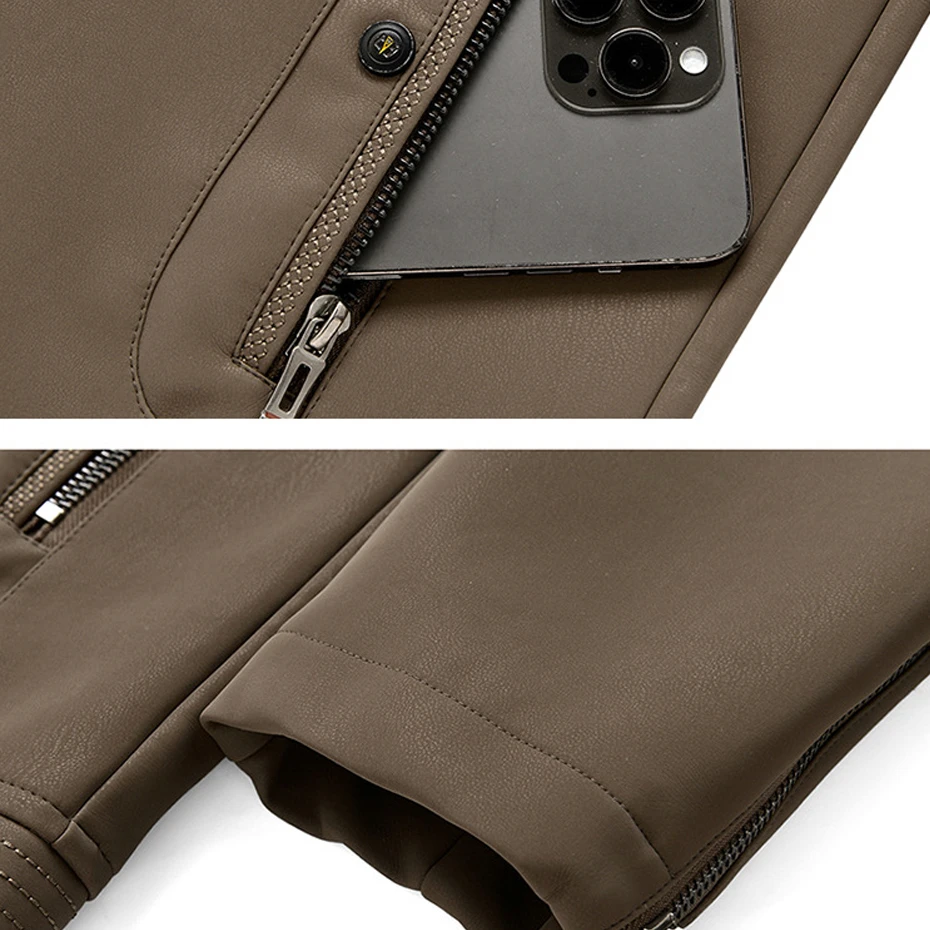 Autumn Winter Fleece PU Jacket Men Motorcycle Biker Stand Collar Jacket Coat Fashion Casual Cargo Jacket Male PU Coat Black