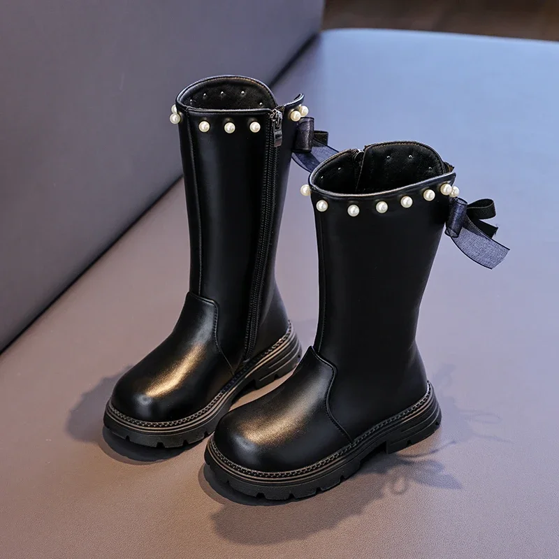 Classic Elegant Girls Winter Mid-calf Boots Black Sweet Bowknot Children Long Boots Princess Non-slip Kid's Platform Plush Boots