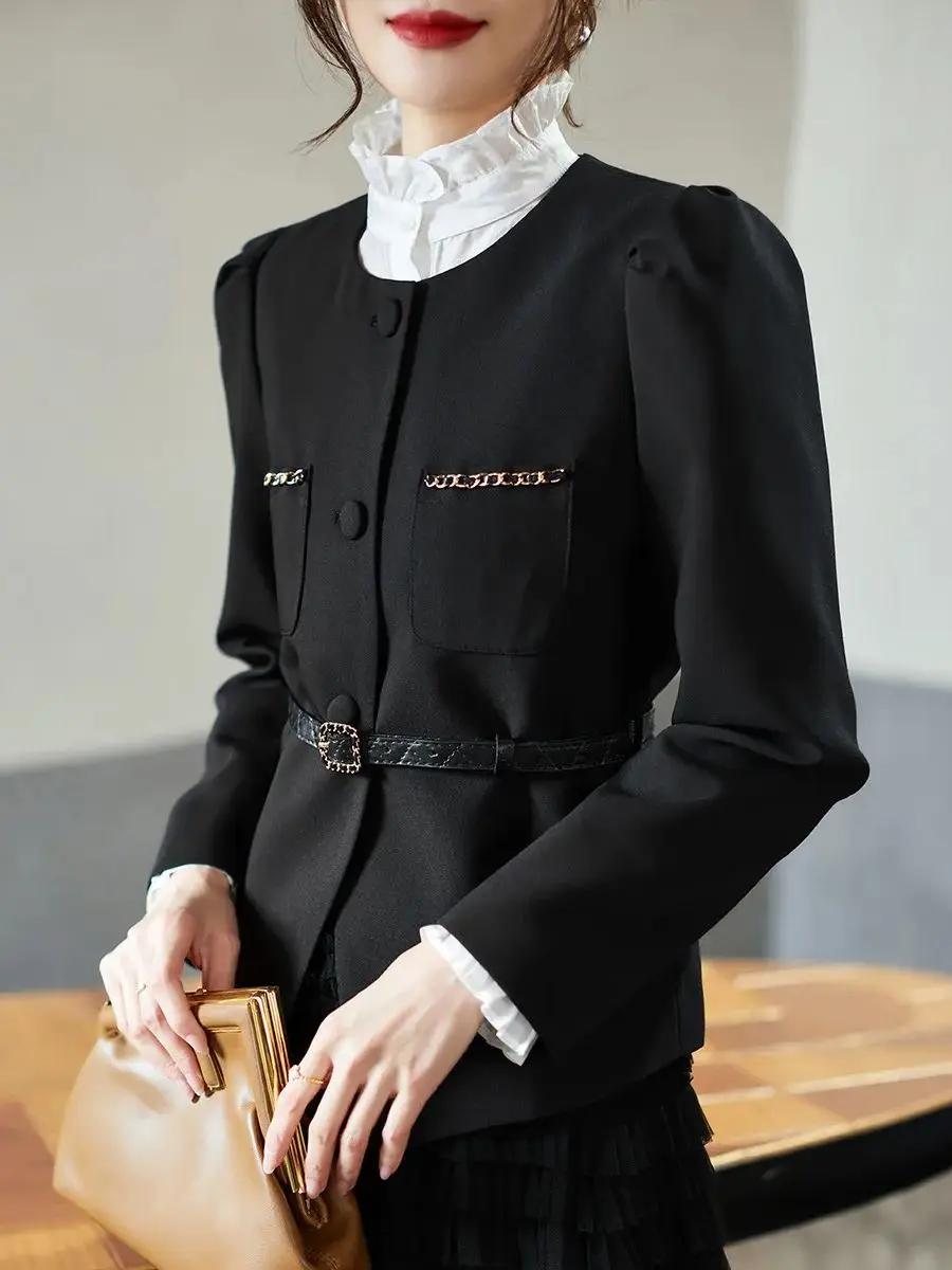 LOUIS YAO Women Coat 2024 Spring New Round Neck Puff Long Sleeve Elegant Office Lady Chain Jacket with Belt Women's Coat