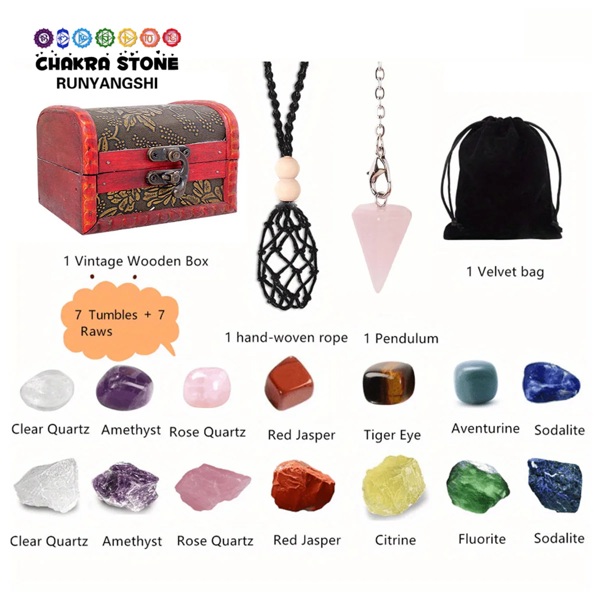 

18PCS Natural Gemstone Chakra Rolling Stone Raw Stone Spirit Pendant Gift Box Reiki Healing Healing Stones