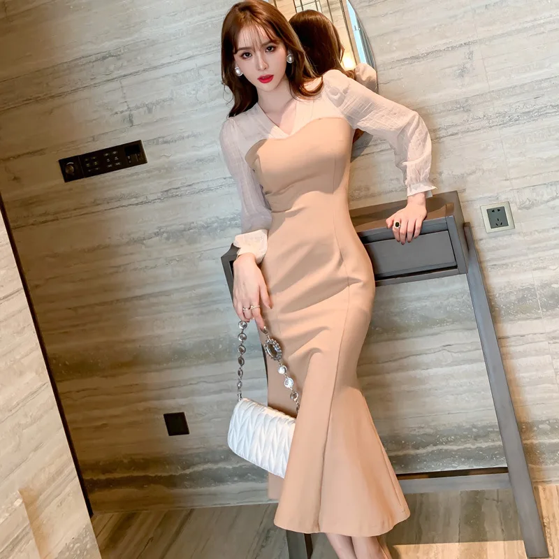 Autumn Clothing Korean Style Mid-Length Dress Gentle Sexy Skinny Hip Long Sleeve