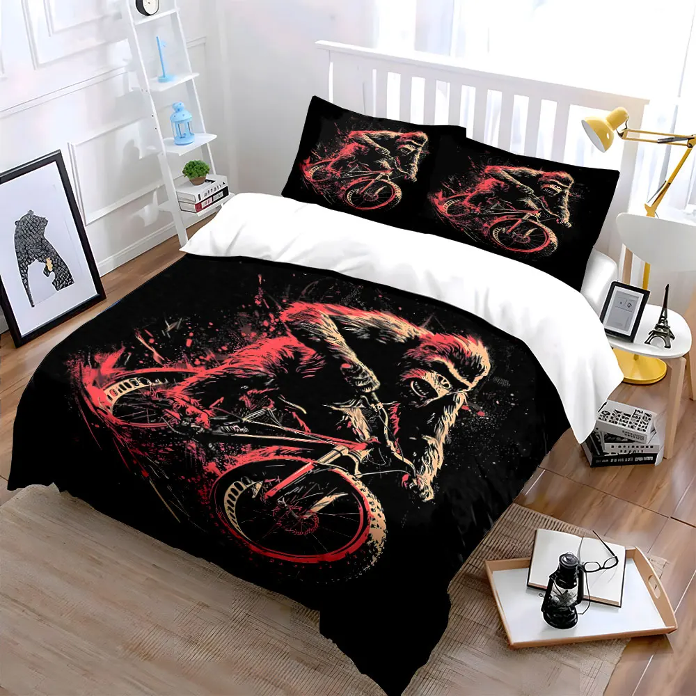 3pcs Wild Gorilla Riding Bicycle Duvet Cover Set with 3D Printing Design Soft Polyester Bedding Set All-Season Comfort