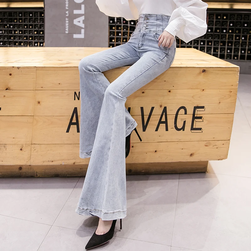 Single Breasted High Waist Flare Jeans For Women Spring Autumn High Street Slim Boot Cut Denim Pants Ladies Fishtail Jeans