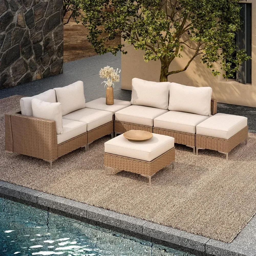 

7 Pieces Patio Furniture Set with Hidden Storage Compartment, Outdoor NaturalConversation Set with Plush Oversized Cushions