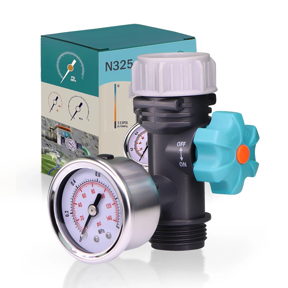 N325 Adjustable Water Pressure Regulator w/ Stainless Steel Gauge 113PSI Max 3/4'' Female to Male Irrigation System Flow Control