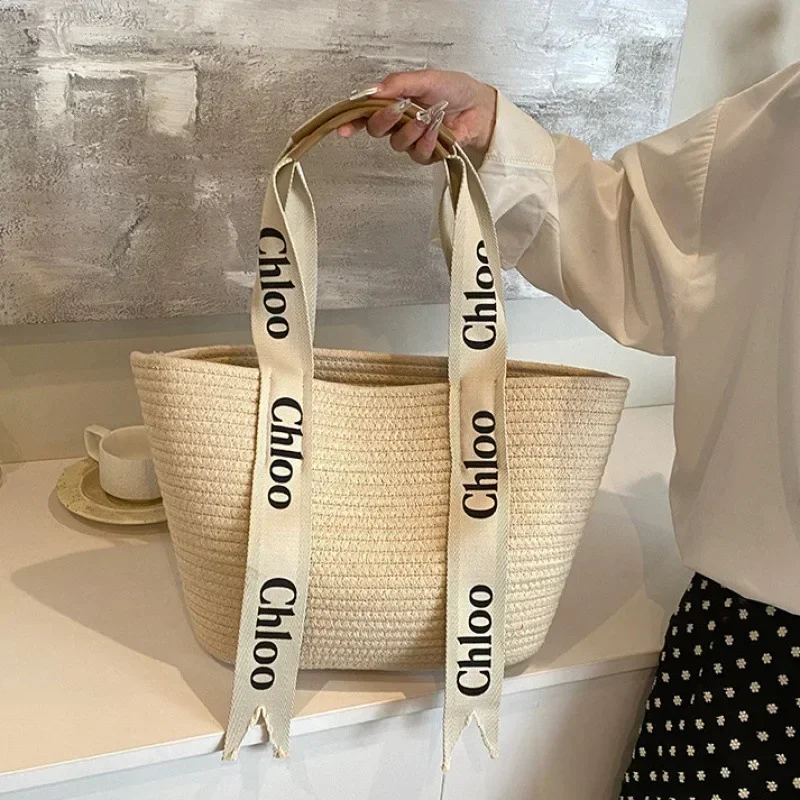 2024 Summer Straw Tote Bag Holiday Seaside Hand Woven Vegetable Basket