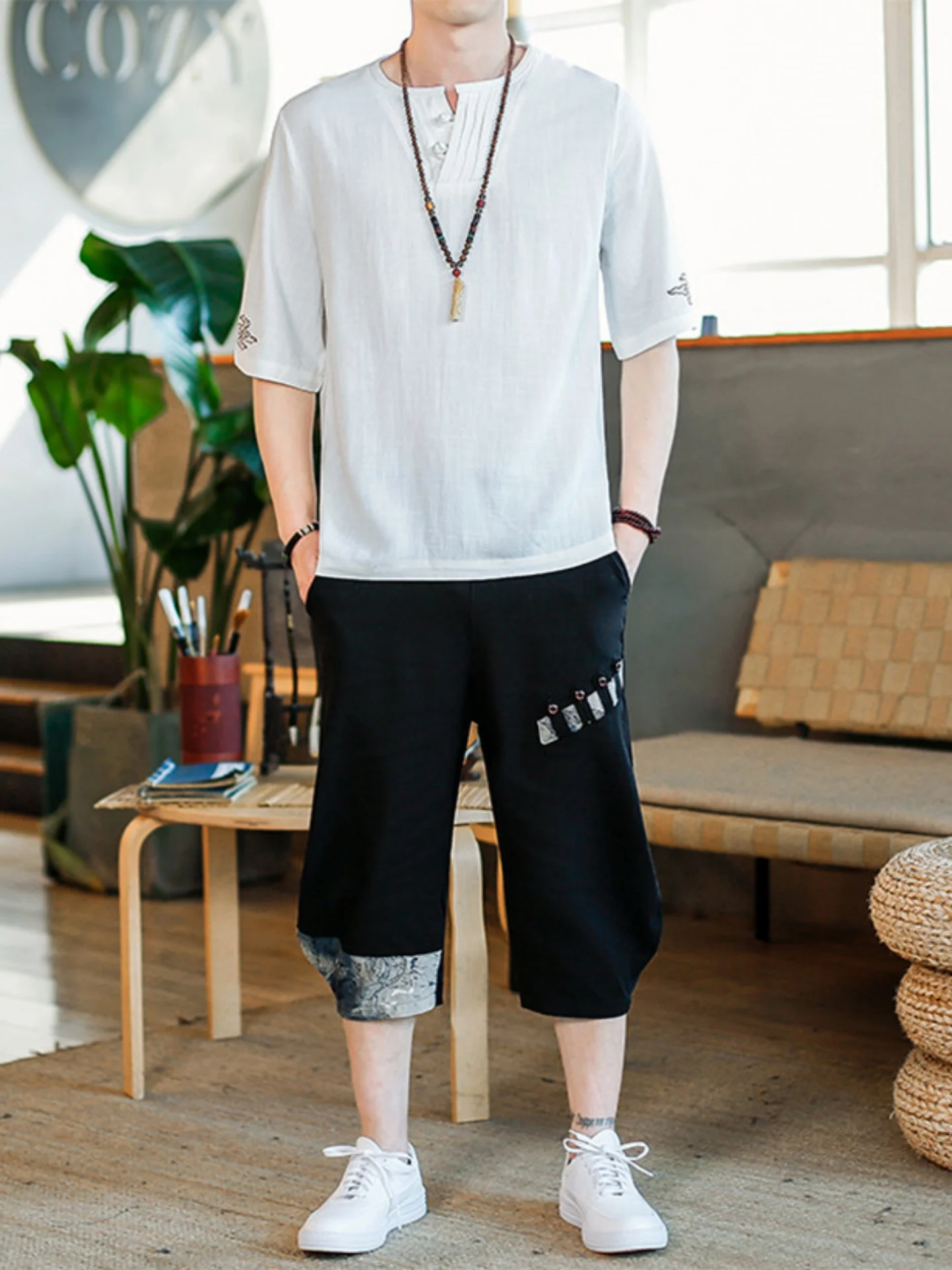 

Summer Men's Cotton Linen Loose Fit ort Sve T-irt Set Thin Breathable Comfortable Traditional Chinese Sle V-Ne Top