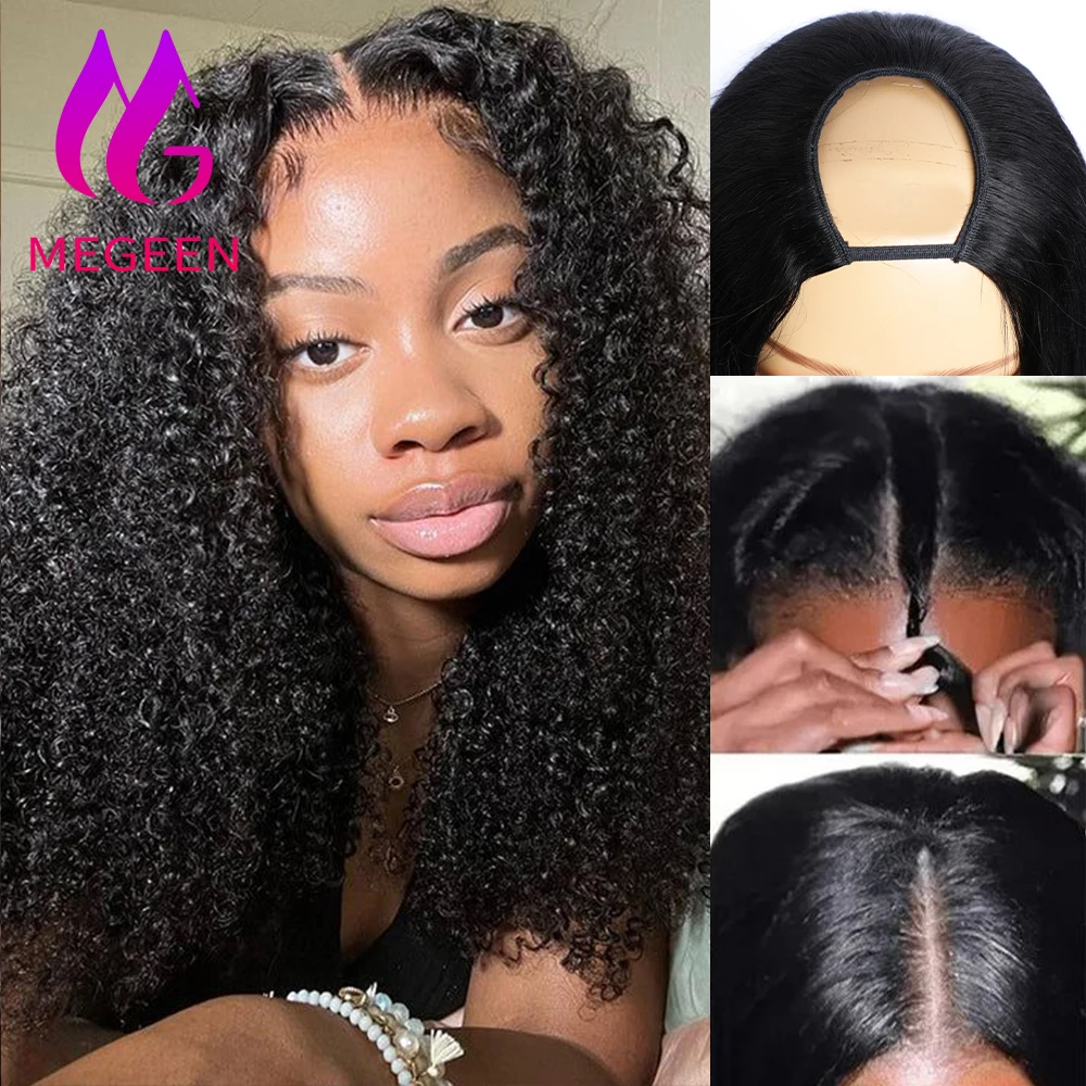 

Megeen Upgrade U Part Wig Human Hair Peruvian Virgin Hair Kinky Curly Machine Wigs For Women Easy Install No Leave Out 18-30Inch