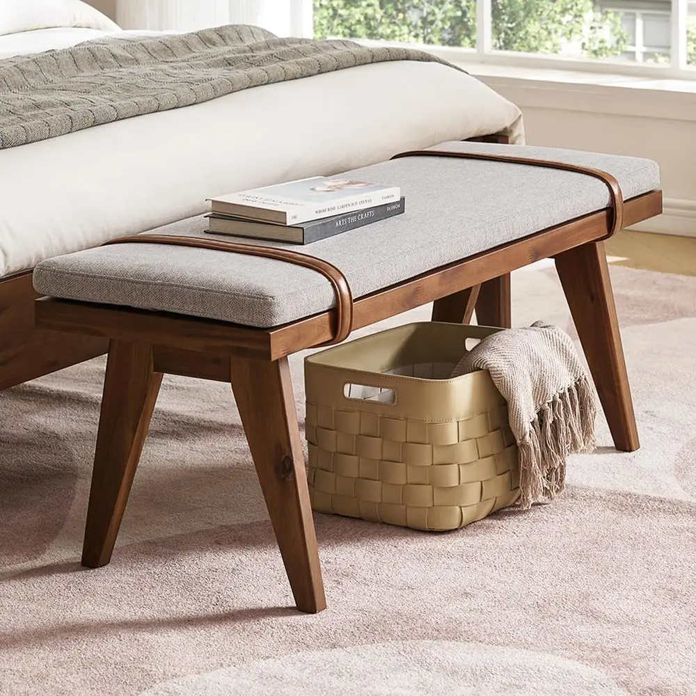 

Mid-Century Modern Wooden Shoe Bench with Removable Fabric Cushion for Entryway, Bedroom, Dining Room, and Hallway