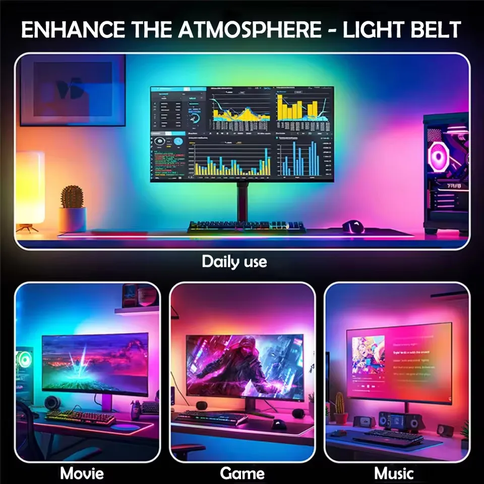شاشة الألعاب LED الخلفية ل 24-34 بوصة مزامنة الموسيقى LED قطاع RGB + IC الإضاءة المحيطة واجهة USB شاشة إضاءة خلفية