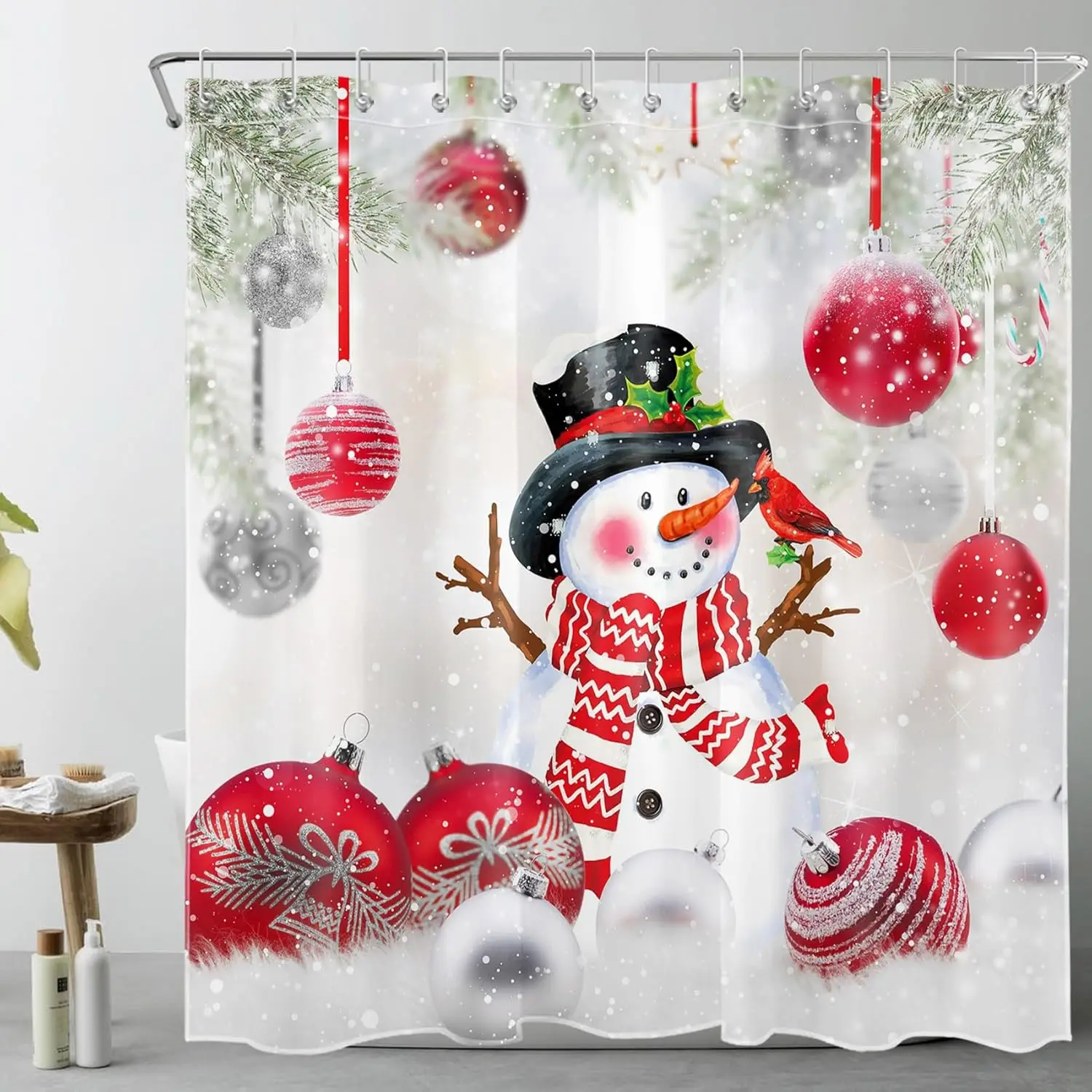 Red Christmas Snowman Shower Curtain for Bathroom Xmas Balls and Cardinal in The Snow Shower Curtain with 12 Hooks Funny Winter