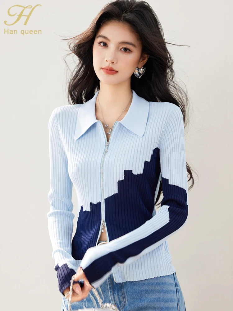 

H Han Queen Autumn Fashion Zipper Base Cardigan For Women Long Sleeve Elegant Simple Vintage Thin knitwear Work Casual Sweater