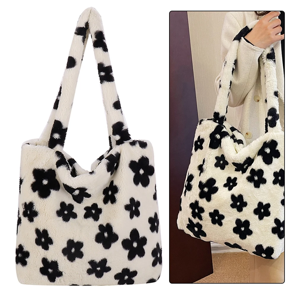 

Women Fluffy Shoulder Bag Zipper Faux Fur Handbag Casual Plush Underarm Bag Flower Tote Bag Fuzzy Tote Handbag Commuting Bag