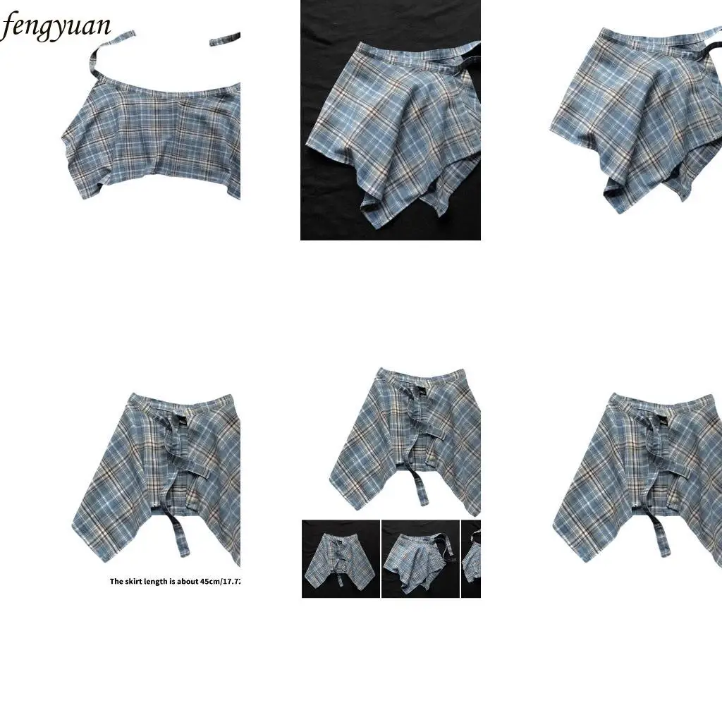 

B2QE Campus Hiphop Styles Unisex Irregular Faux Shirt Hem Street Dance Plaids Wrap Skirt Layering A Line Hip Scarf Overskirt