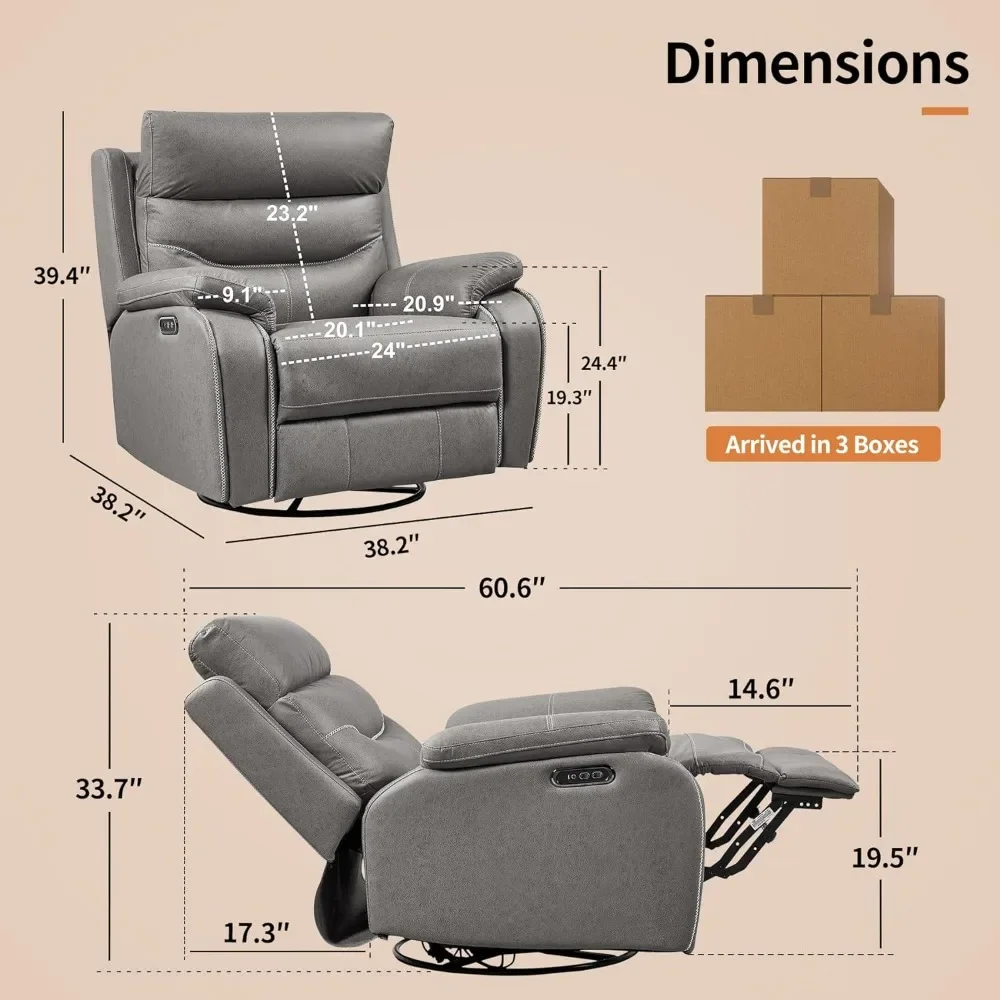 Living room chair with electrically adjustable headrest, rotating joystick, daycare swing glider with USB port