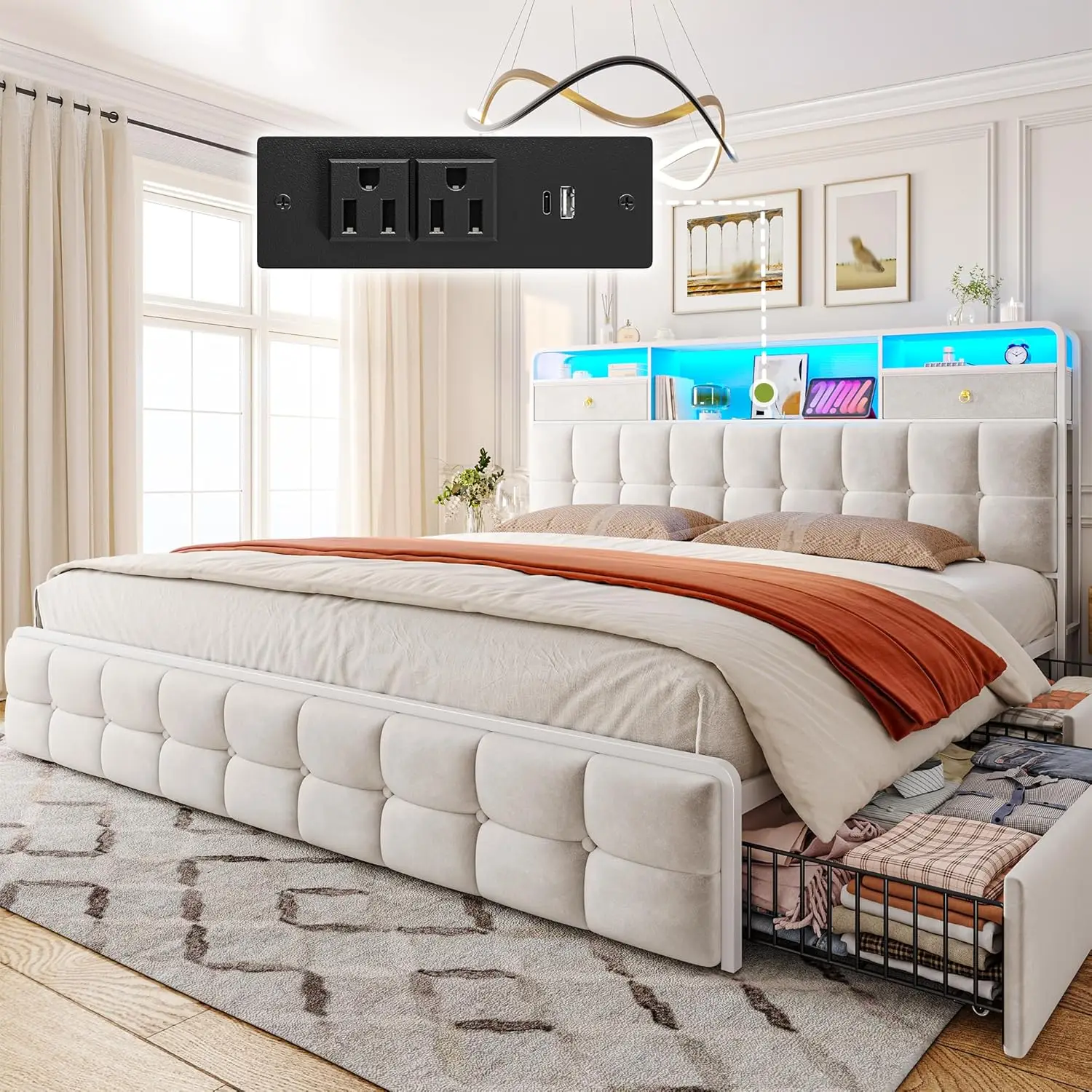 

King Size Bed Frame with 6 Storage Drawers and Upholstered Headboard,Bed Frame King Size with LED Lights and Charging Station