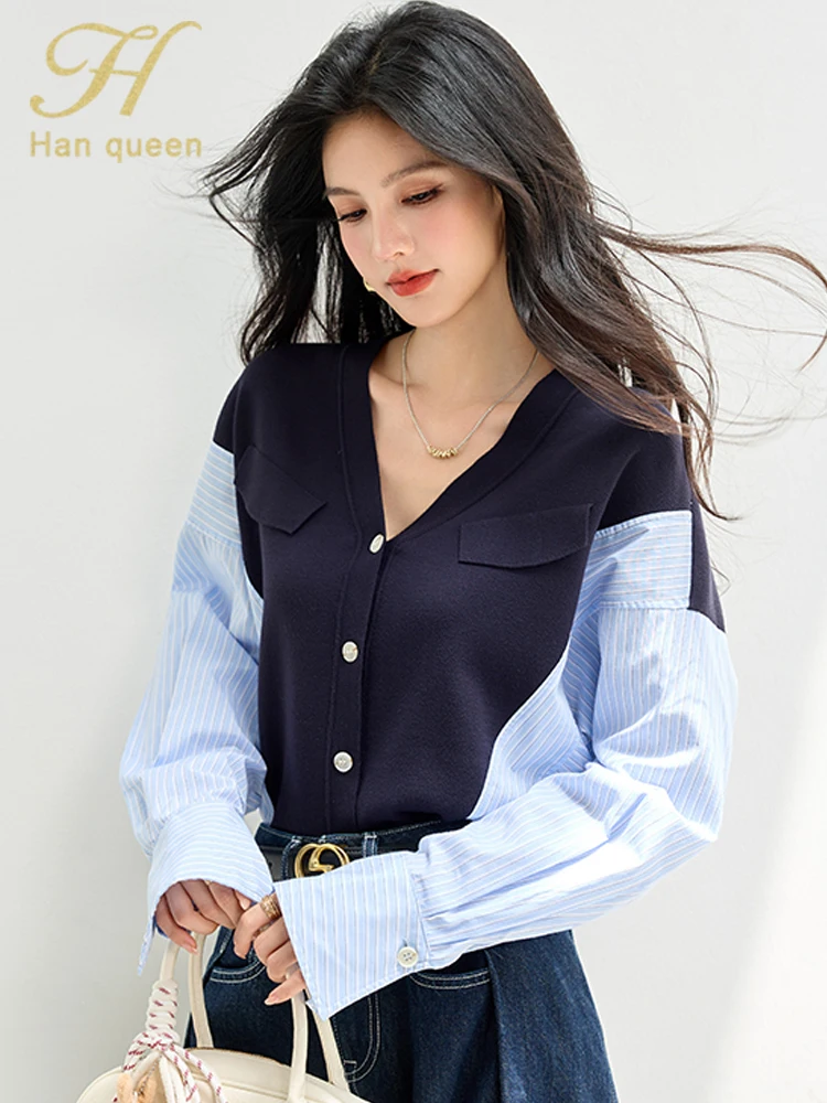 

﻿H Han Queen Autumn Korean Chic V-Neck Splicing Knitted Cardigan Sweater Women Casual Basic Long Sleeve Tops Woman Clothing 2025