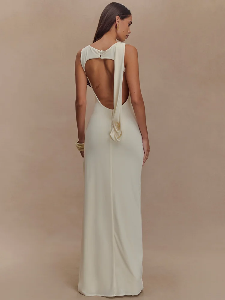 Mozision Backless Ruched Sexy Maxi Tank Dress Women Gown Summer New O Neck Thigh High Split Bodycon Elegant Long Dress Fashion image 3