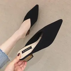 Summer 2024 with Heel Slides Pointed Toe Shoes Mules Women's Slippers and Ladies Sandals Black Outside Non Slip Korea Style 39 F